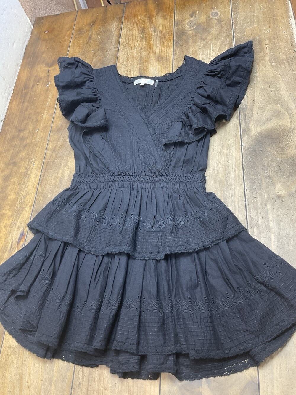 LoveShackFancy Gwen Heritage Mini Dress Black Eyelet Ruffle Smocked Waist Petite